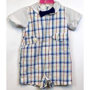 Vtg 1980s Alexis Plaid Romper Jon Jon 1pc Easter Party Boys Bow tie 12M Collar